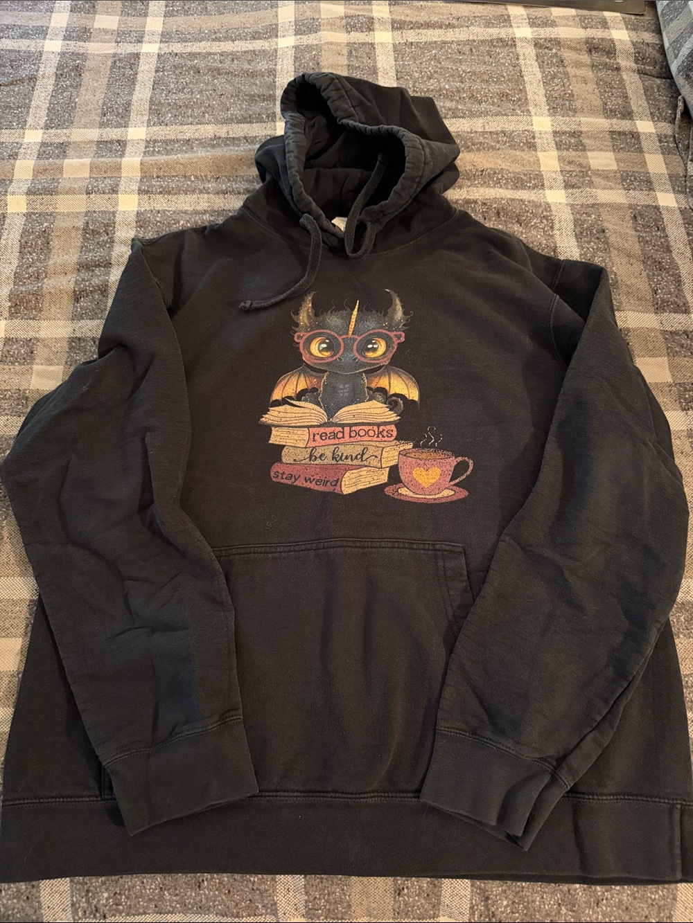 Black Graphic Hoodie Sweatshirt with Dragon and Book Design